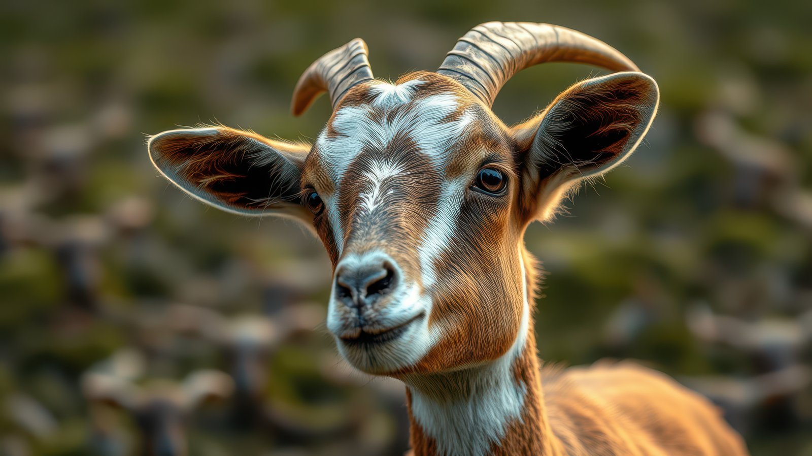Detailed close-up of a curious goat with distinct markings in a natural outdoor setting during daytime